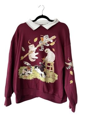 VTG Basic Editions Burgundy Cat Print Sweatshirt with Contrast Collar Size XL